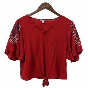 Love, Fire Oversized Knotted Crop Top Red Small